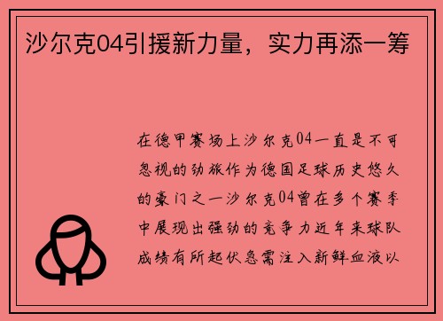 沙尔克04引援新力量，实力再添一筹